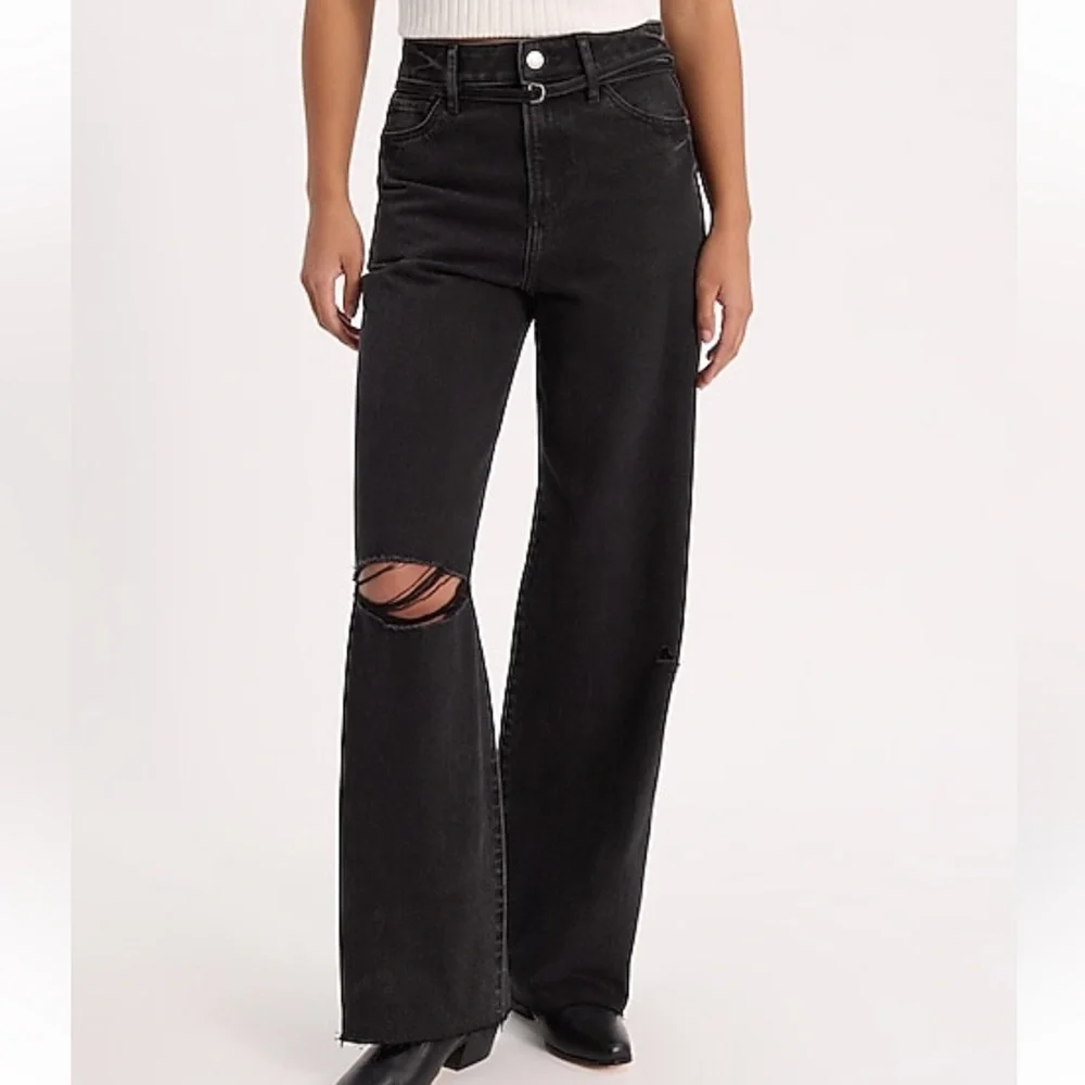 Express Black Wide Leg Distressed Jeans - Picture 1 of 7